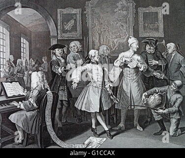Ein Weg des liederlichen - Platte 2 - umgeben von Künstlern und Professoren von William Hogarth (1697-1764). Englischer Maler, Grafiker, bildhafte Satiriker. Stockfoto