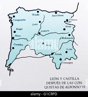 Diese Karte zeigt die spanischen Provinzen von Leon und Kastilien zum Zeitpunkt der König Alfonso VI. Alfonso VI (vor Juni 1040 / 29 Juni/1 Juli 1109), den Spitznamen the Brave (El Bravo) oder die Valiant, war König von León von 1065, König von Kastilien und de-facto-König von Galizien aus 1072. Nach der Eroberung von Toledo 1085 war er auch der selbsternannten Victoriosissimo Rege in Toleto, et in Hispania et Gallecia (siegreichsten Königs von Toledo und von Spanien und Galicien). [ Stockfoto