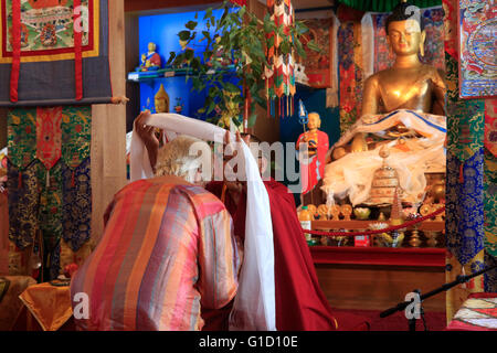 Shedrub Choekhor Ling Kloster.  Buddhistische Zeremonie mit Akhata (traditionelle zeremonielle Schal im tibetischen Buddhismus). Mont Salev Stockfoto