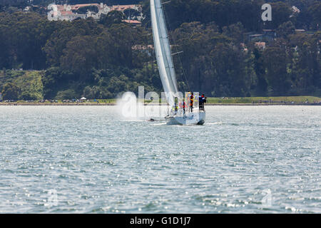 Matrosen auf Segelboot kommen sehr nahe weht Mutter Buckelwal und Baby, macht einen ungewöhnlichen Auftritt in San Francisco Bay Stockfoto