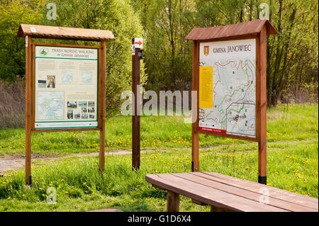 Janowiec Karte und Nordic-walking-Strecken zwei Bretter am Straßenrand neben der Fähre Schiff tun Kazimierz Dolny in Industriewerken. Stockfoto