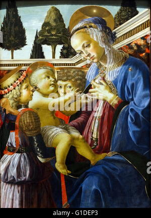 Gemälde mit dem Titel "Die Jungfrau und Kind mit zwei Engeln" von Andrea del Verrocchio (1435-1488) ein italienischer Maler, Bildhauer und Goldschmied. Vom 15. Jahrhundert Stockfoto