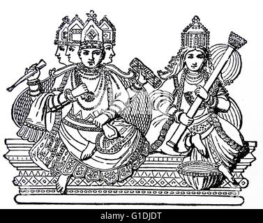 Brahma (der hinduistische Schöpfergott) mit 4 Gesichtern, zusammen mit seiner Gemahlin Sarasvati die Hindu-Göttin des Wissens, Musik und Kunst dargestellt. Abbildung des 19. Jahrhunderts. Stockfoto