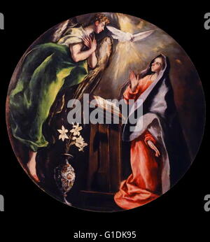 Gemälde "Verkündigung" die christliche Feier der Ankündigung durch den Engel Gabriel an die Jungfrau Maria zu begreifen und die Mutter von Jesus, der Sohn Gottes, Kennzeichnung seiner Inkarnation zu werden. Von El Greco Stockfoto