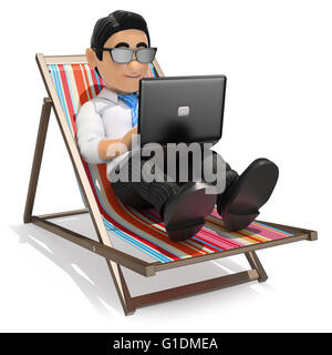 Geschäft Leute 3D-Illustration. Kaufmann im Liegestuhl am Strand mit seinem Laptop arbeiten. Isolierten weißen Hintergrund. Stockfoto