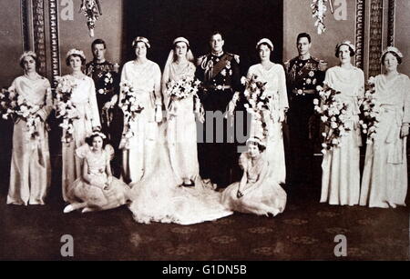 Foto von der Hochzeit von Prinz George, Herzog von Kent (1902-1942) und Prinzessin Marina von Griechenland und Dänemark (1906-1968). Auch abgebildet ist Prinz Albert Frederick Arthur George (1895 – 1952) und Prinz Henry, Duke of Gloucester (1900-1974). Vom 20. Jahrhundert Stockfoto