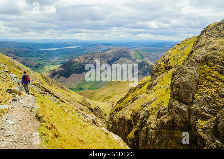 Walker unterwegs über Dungeon Ghyll an Hängen des Harrison Stickle eines Langdale Pikes mit entfernten Windermere Lake District Stockfoto