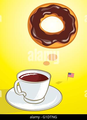 Vektor-Illustration für eine Tasse Kaffee und Krapfen mit amerikanischer Flagge in Farbe Stock Vektor