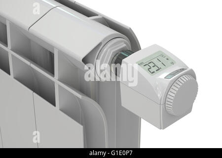 Heizkörper mit digitalen thermostatischen Heizkörperventil, 3D rendering Stockfoto