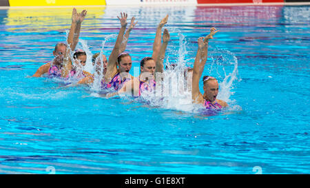 Aquatics Centre, Olympic Park, London, Großbritannien. Mai 2016. Das Team aus der Ukraine führt ihre Siegerroutine durch. Sie holen Gold mit 94.000 Punkten in der Gesamtwertung, Silber geht nach Italien mit 91.2333 Punkten und Bronze nach Spanien mit 89.6667 Punkten im Team Free Routine Synchronized Swimming Finals bei den European Synchro Swimming Championships in London. Kredit: Imageplotter Nachrichten und Sport/Alamy Live Nachrichten Stockfoto