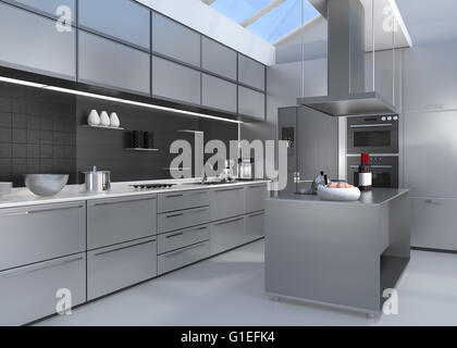 Moderne Küche Interieur mit intelligenten Geräten in silberner Farbe Koordination. 3D-Rendering Bild. Stockfoto