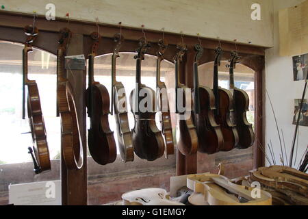 Violine-Workshop in der jinney Ring Hanbury. Droitwich, Worcestershire. Handgemachte Violinen und Violas in verschiedenen Stadien. Ich beschäftige mich Stockfoto