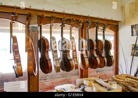 Violine-Workshop in der Jinney Ring Hanbury. Droitwich, Worcestershire. Handgemachte Violinen und Violas in verschiedenen Stadien. Ideal Stockfoto