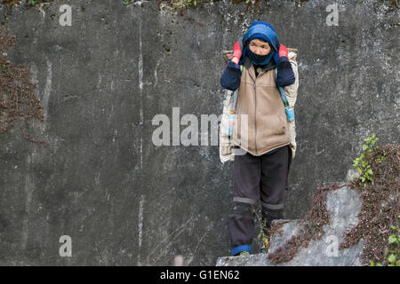 Frau Bauarbeiter mit schweren Korbe von Kies, Malizai Bereich, Yuanyang County, Provinz Yunnan, China Stockfoto