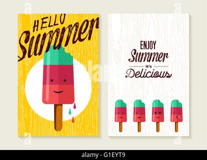 Hallo Sommer Konzept Schriftzug Set von Grußkarten-Hintergründen mit glücklich Eis. Niedliche Popsicle Emoji, Beach-party Stock Vektor