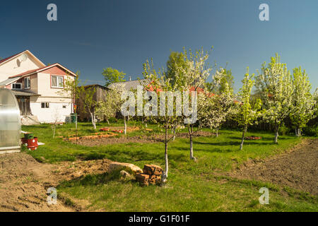 Frühling Garten mit blühenden Baum neben aufbauend auf Hintergrund blauer Himmel Stockfoto