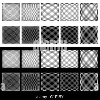 Satz von unregelmäßige Netze, Netze. Sich überschneidenden Linien mit sphärischen Verzerrungen. Abstrakte monochromatische, geometrischen Hintergrund, pat Stock Vektor