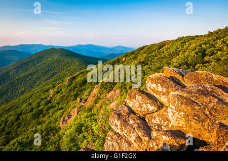 Blick auf die Blue Ridge Mountains von der Zinne auf dem Appalachian Trail im Shenandoah-Nationalpark, Virginia Stockfoto