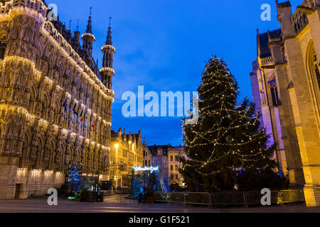 Prächtigen Rathaus von Löwen und St.-Petri Kirche in Belgien während der Weihnachtszeit Stockfoto