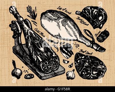 frisches Fleisch. Satz von Vektorelemente Skizze handgezeichnete. Vektor-illustration Stock Vektor