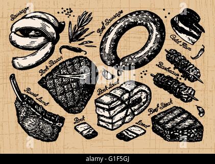 Fleisch, Essen. handgezeichnete Skizzierelemente festlegen. Vektor-illustration Stock Vektor