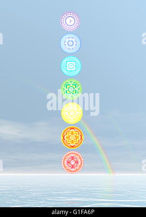 Sieben Chakra Symbole Spalte und Regenbogen in blauem Hintergrund - 3D render Stockfoto