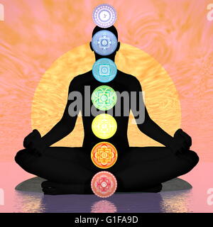 Sieben Chakra-Symbole-Spalte auf schwarze Menschen in orange Sonnenuntergang Hintergrund mit großer Sonnenterrasse - 3D render Stockfoto