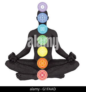 Sieben Chakra-Symbole-Spalte auf schwarze Menschen isoliert in weißem Hintergrund - 3D render Stockfoto