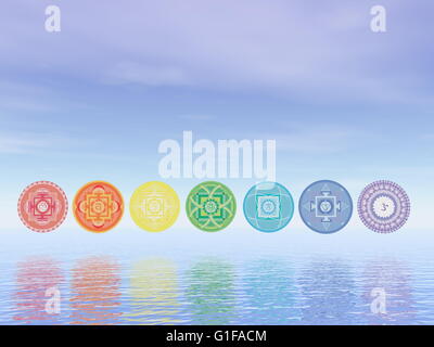 Sieben Chakra-Symbole-Linie auf dem Wasser in blauen Hintergrund - 3D render Stockfoto