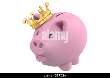 Sparschwein mit Goldkrone, 3D-Rendering Stockfoto