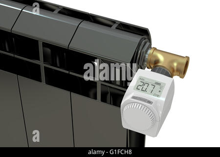 Heizkörper mit digitalen thermostatischen Heizkörperventil, 3D rendering Stockfoto