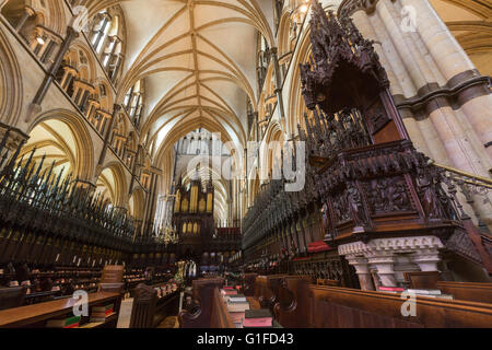 Orgel in Lincoln Cathedral Choir, Stände St Hugh's Chor, Lincoln, Lincolnshire, England, UK Stockfoto