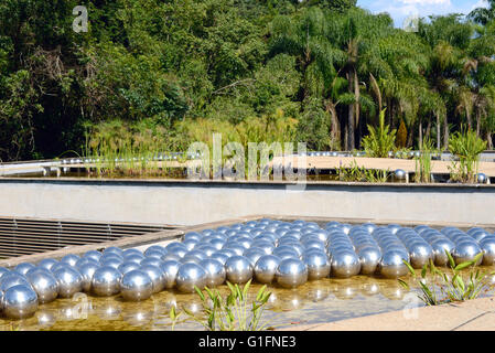 Brunadinho, Inhotim, Minas Gerais, Brasilien - Februar 2013: Yayoi Kusama Narcissus Garten, Edelstahl-Kugeln auf dem Wasser in die Stockfoto