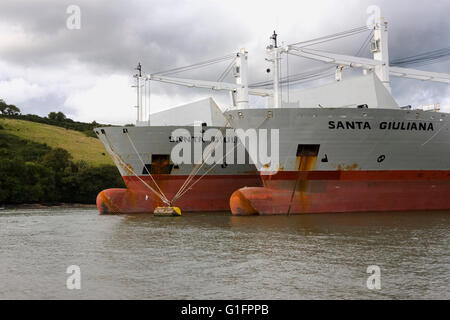 River Fal über King Harry Ferry bei Tolverne, Cornwall, England, mit zwei riesigen Massengutfrachtern aufgelegt auf Liegeplätze im Fluss. Stockfoto