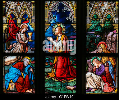 Glasmalerei in der Basilika von Vysehrad in Prag, Tschechische Republik, Darstellung Jesu Todesangst im Garten Gethsemane Stockfoto