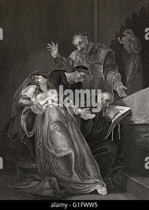 Der Heilige Maid of Kent, Elizabeth Barton, leiden Verhör in den Händen von 2 Kleriker und Laien Stockfoto