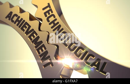 Technische Errungenschaft am goldenen Zahnrad-Getriebe. Stockfoto