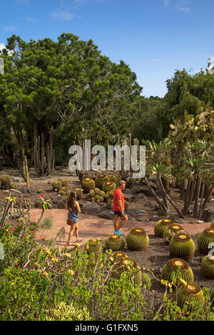 Touristen zu Fuß durch den Kaktusgarten (Jardín de Cactus y Sucelentas) im Botanischen Garten von Gran Canaria, Spanien Stockfoto