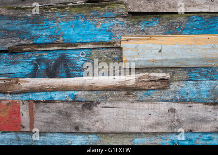 Vintage Holz-Hintergrund. Grunge Holz Eiche verwittert oder strukturierte Dielen Kiefer. Grau, braun, blau rustikalen Zaun. Stockfoto
