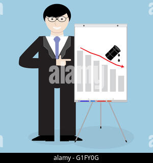 Mann Präsentation Krise Öl nach unten fallen. Öl fallen und Whiteboard Finanzen Diagramm Geschäftspräsentation. Vektor flache Bauweise Interessenvertreter Stockfoto