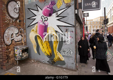 Graffiti in Brick Lane, Straßenkunst Shoreditch, Tower Hamlets, London, England, UK Stockfoto