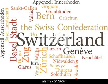 Abbildung der Schweizer Kantone in Wortwolken isoliert auf weißem Hintergrund Stock Vektor