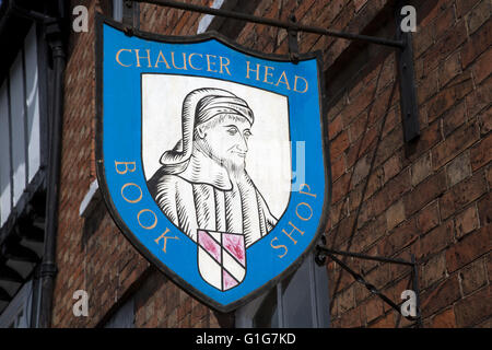 Chaucer Kopf buchen Ladenschild, Stratford-Upon-Avon; England; UK Stockfoto