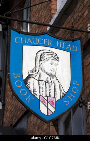 Chaucer Kopf buchen Ladenschild, Stratford-Upon-Avon; England; UK Stockfoto