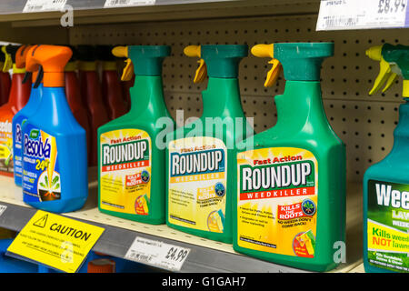 Sprühflaschen von Roundup Unkrautvernichtungsmittel auf Verkauf in einem Homebase speichern. Stockfoto