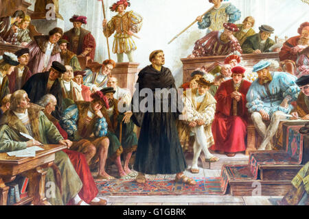 Kaisersaal, Martin Luther am Reichstag 1521, Wandmalerei, Hofburg (Kaiserpfalz), Goslar, Harz, untere Sa Stockfoto