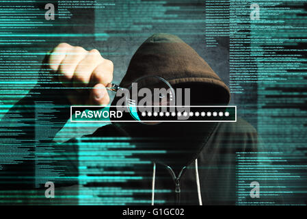 Mit Kapuze Computerhacker mit Lupe Internetpasswort, Online-Sicherheitskonzept zu stehlen. Stockfoto