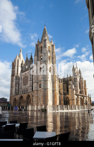 León, Spanien: Santa María de León Kathedrale nach einem Regenschauer. Stockfoto