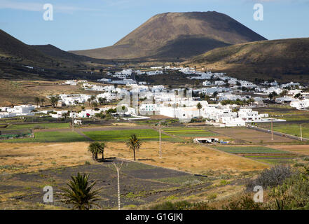 Blick über Kakteen und weiß getünchten Häusern, Monte Corona Vulkan Kegel, Dorf von Maguez, Lanzarote, Kanarische Inseln, Spanien Stockfoto