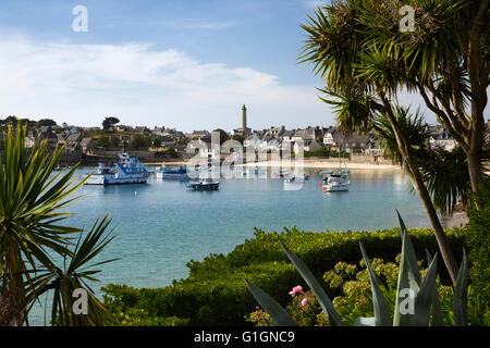 Tropische Gärten und Port, Ile de Batz, in der Nähe von Roscoff, Finistere, Bretagne, Frankreich, Europa Stockfoto